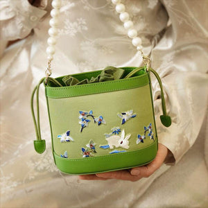 Handcrafted Embroidered Silk Osmanthus Green Bucket Bag - SinoCultural -- BXL06WCS208A01