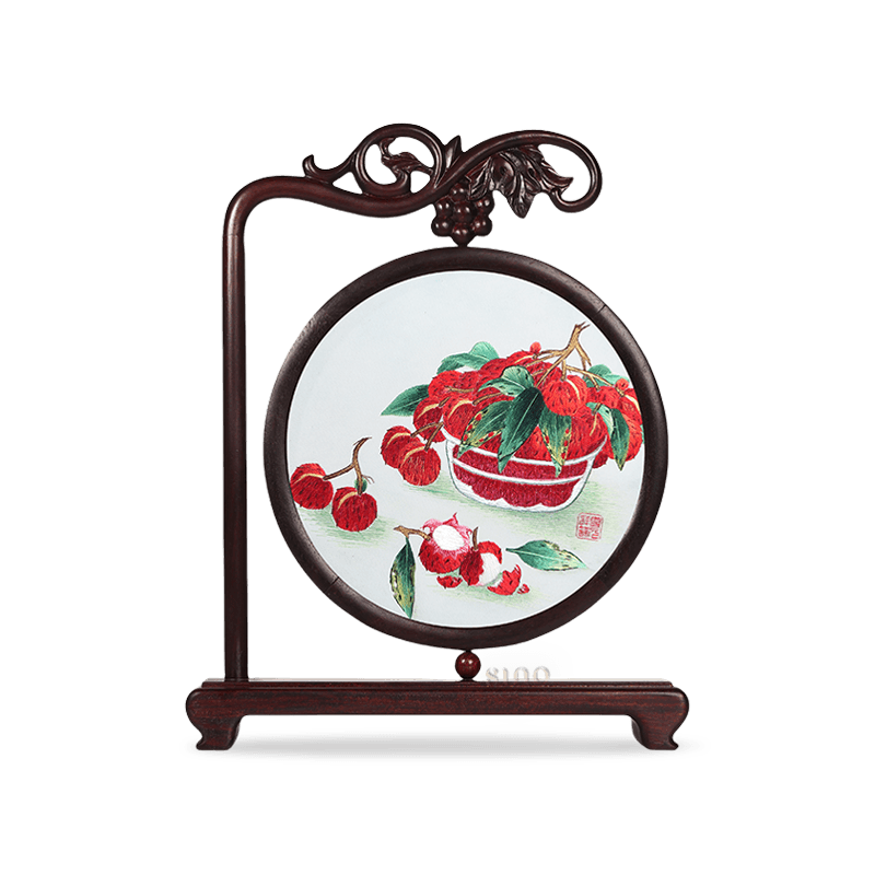 Handcrafted Mulberry Silk Lychee Double-Sided Embroidery Tabletop Decoration - SinoCultural -- JZSX001A13