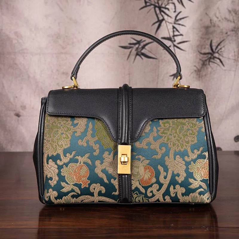 Sinocultural Handmade Song Brocade Chinoiserie Leather Bag Clutch Bag - SinoCultural -- W3085-2