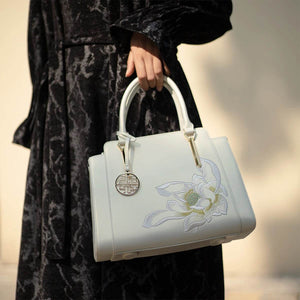 Sinocultural Embroidery Leather Tote Bag White Lotus Crossbody Bag - SinoCultural -- P120317