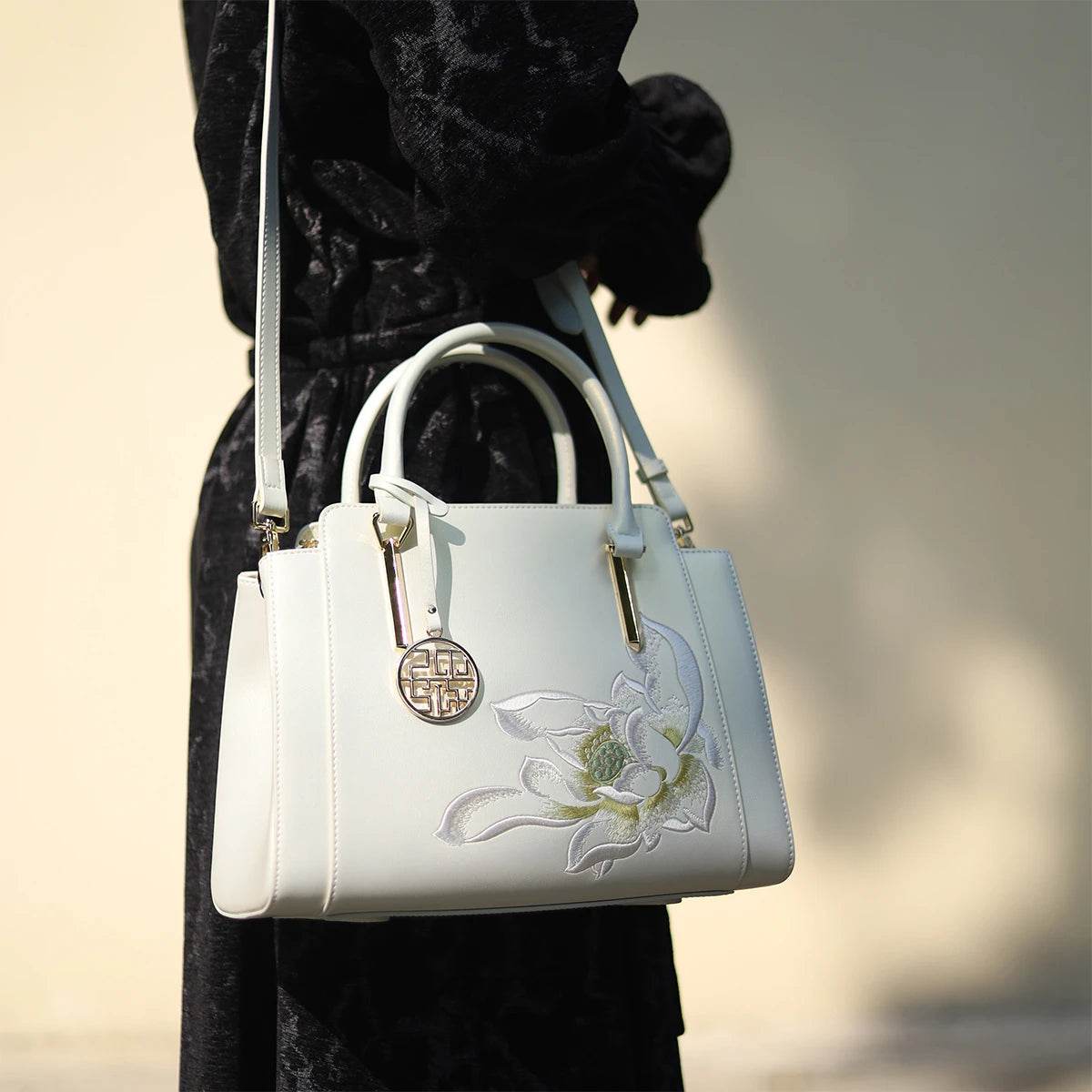 Sinocultural Embroidery Leather Tote Bag White Lotus Crossbody Bag - SinoCultural -- P120317