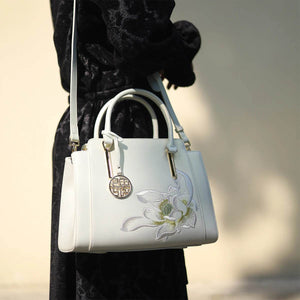 Sinocultural Embroidery Leather Tote Bag White Lotus Crossbody Bag - SinoCultural -- P120317
