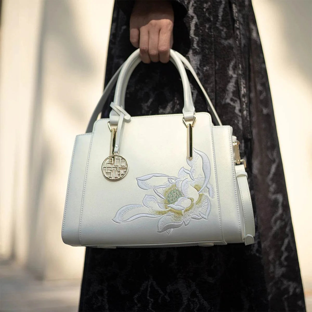 Sinocultural Embroidery Leather Tote Bag White Lotus Crossbody Bag - SinoCultural -- P120317