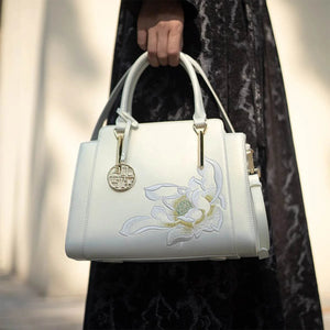 Sinocultural Embroidery Leather Tote Bag White Lotus Crossbody Bag - SinoCultural -- P120317
