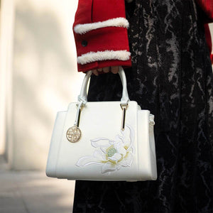 Sinocultural Embroidery Leather Tote Bag White Lotus Crossbody Bag - SinoCultural -- P120317