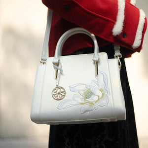 Sinocultural Embroidery Leather Tote Bag White Lotus Crossbody Bag - SinoCultural -- P120317