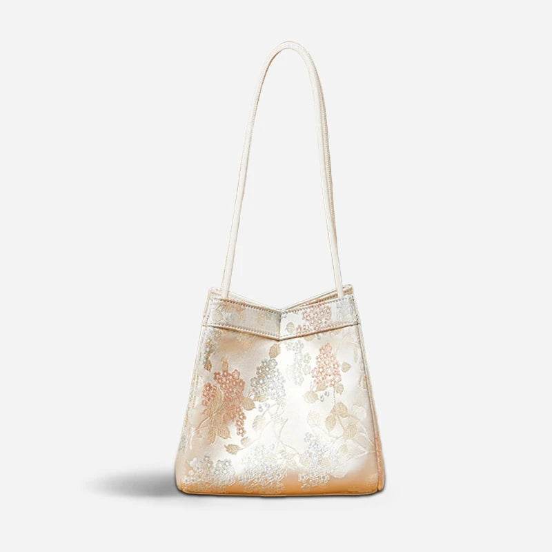 Jacquard Brocade Beige Bucket Handbag Floral New Chinese Style - SinoCultural -- P17062004