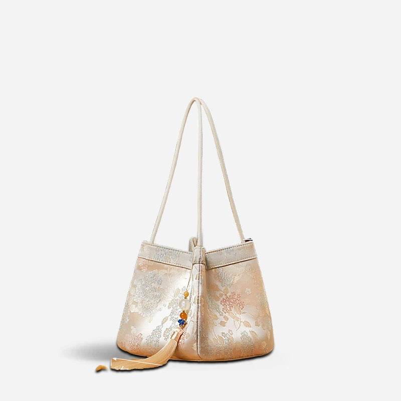 Jacquard Brocade Beige Bucket Handbag Floral New Chinese Style - SinoCultural -- P17062004