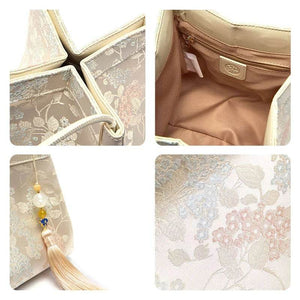 Jacquard Brocade Beige Bucket Handbag Floral New Chinese Style - SinoCultural -- P17062004