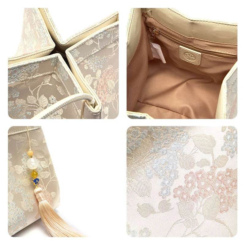 Jacquard Brocade Beige Bucket Handbag Floral New Chinese Style - SinoCultural -- P17062004