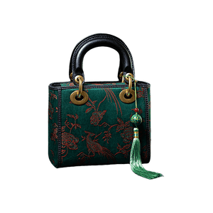 Xiangyunsha Silk Green Retro Cowhide Handbag with Pendant - SinoCultural -- KM-0126-S3