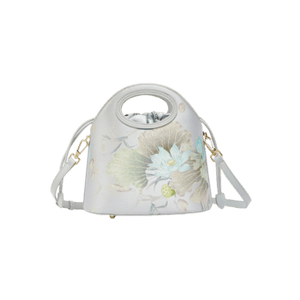 Printed Jacquard Lotus Gray Drawstring Bucket Bag - SinoCultural -- LD120670-1