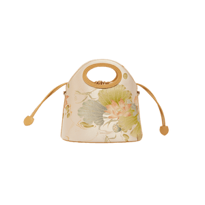 Printed Jacquard Lotus Khaki Drawstring Bucket Bag - SinoCultural -- LD120670-3