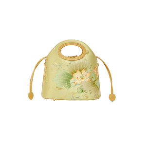 Printed Jacquard Lotus Green Drawstring Bucket Bag - SinoCultural -- LD120670-2
