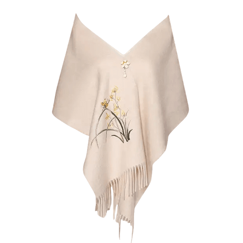 Handcrafted Embroidery Premium 100% Wool Cashmere Scarf Orchid 180x30cm - SinoCultural -- LS064