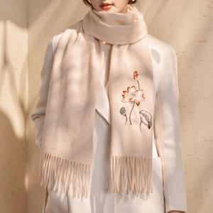 Handcrafted Embroidery Premium 100% Wool Scarf Shawl Lotus 180x30cm - SinoCultural -- LS065
