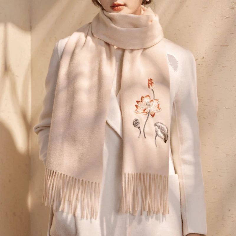 Handcrafted Embroidery Premium 100% Wool Scarf Shawl Lotus 180x30cm - SinoCultural -- LS065