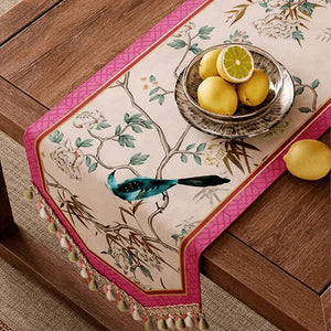 Chinoiserie Romance Luxe Floral Bird Pink Table Runner - SinoCultural -- TR031A160
