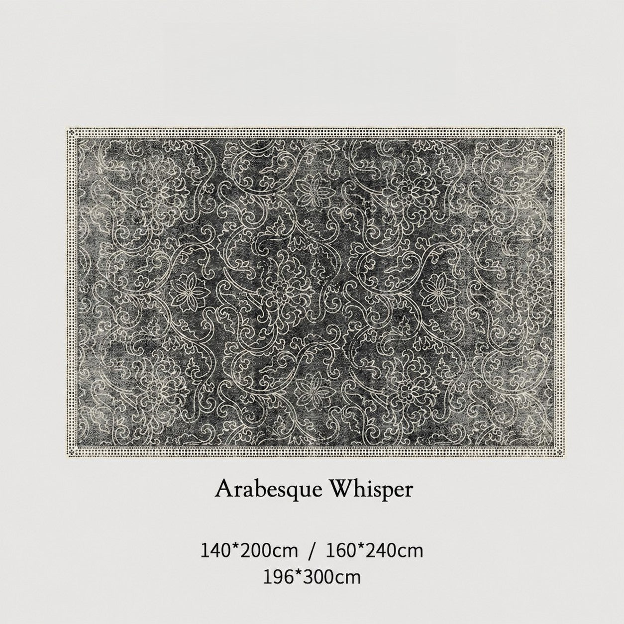 Close view of decorative rug showing oriental motif texture and soft interior styling detail featuring Quiet Luxury French