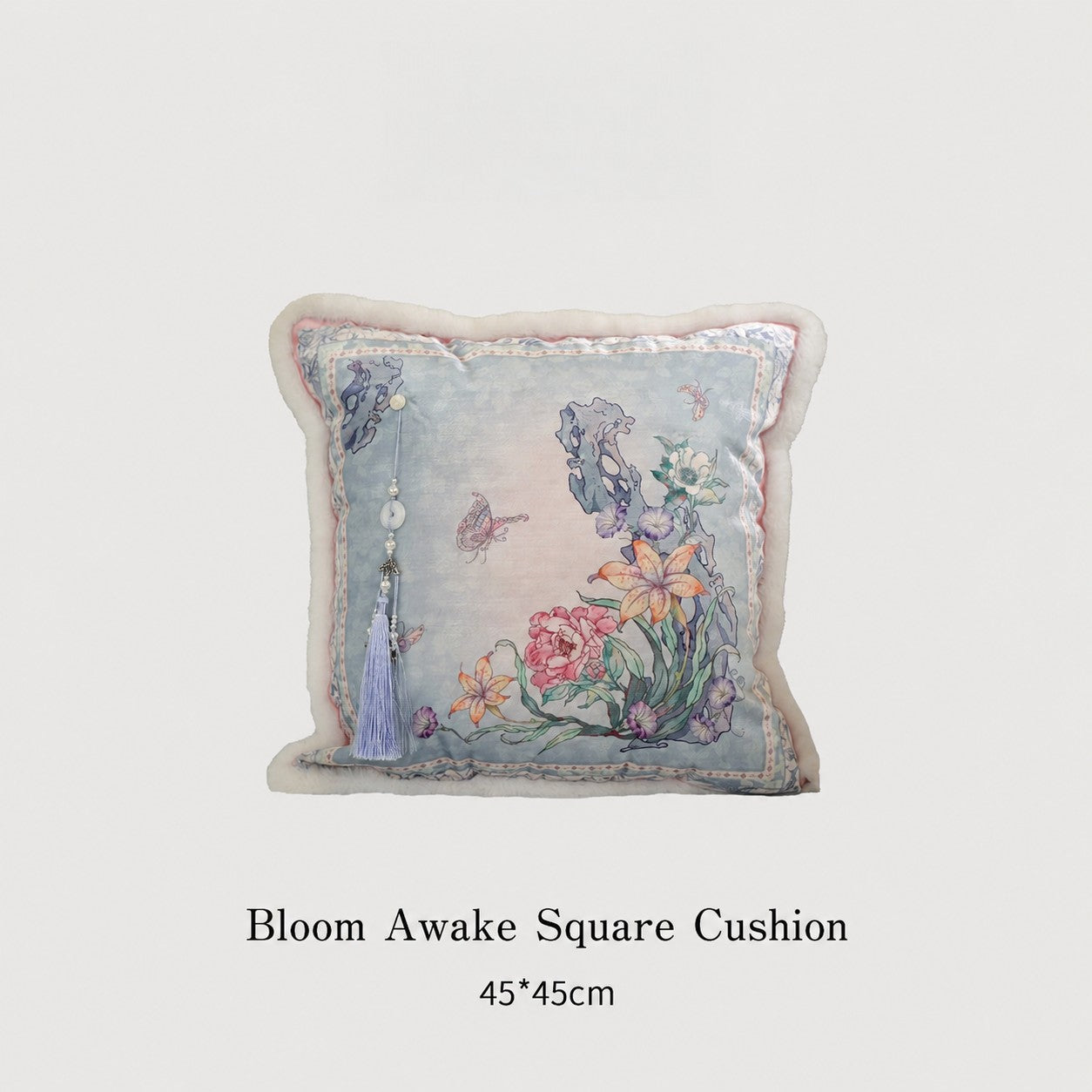 Close view of decorative cushion showing heritage textile texture and refined woven pattern featuring Bloom Awake