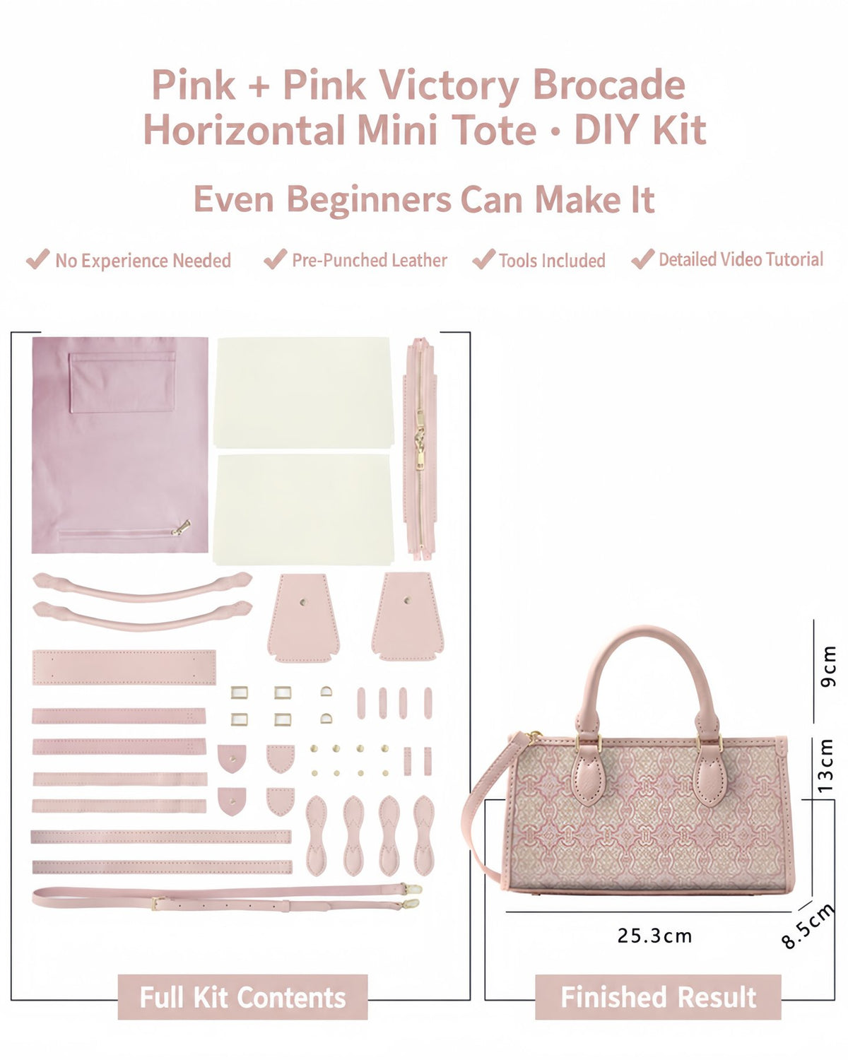 Pink Ding Sheng Song brocade horizontal mini tote DIY kit with pre-punched leather parts