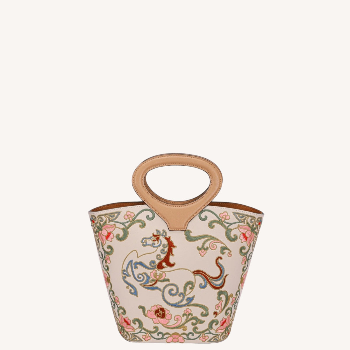 New Chinese Style Embroidered Leather Bucket Handbag - Heavenly Horse Fortune Tote Bag