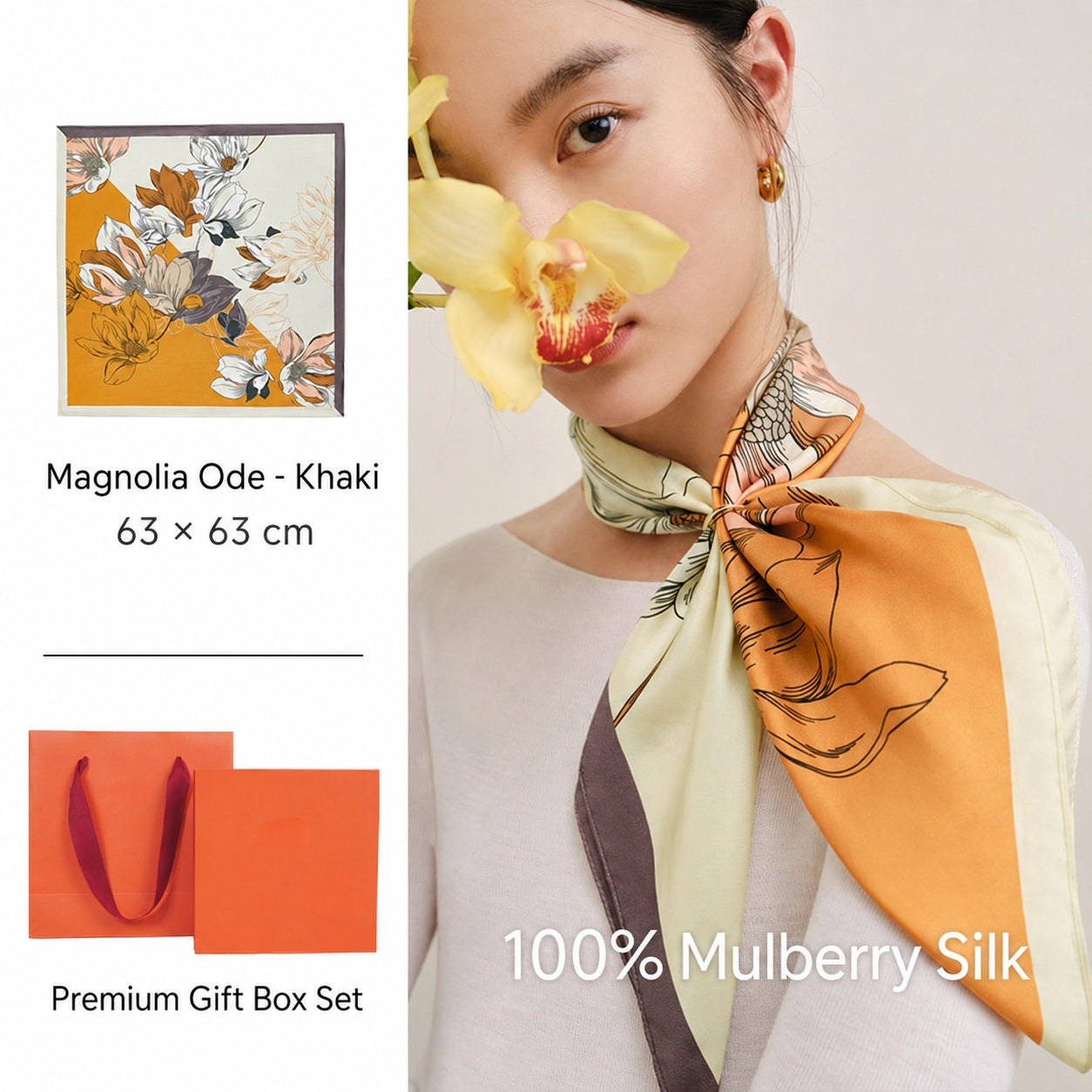Mulberry silk scarf gift set with premium box presentation for meaningful luxury gifting featuring Magnolia Ode Mulberry Silk