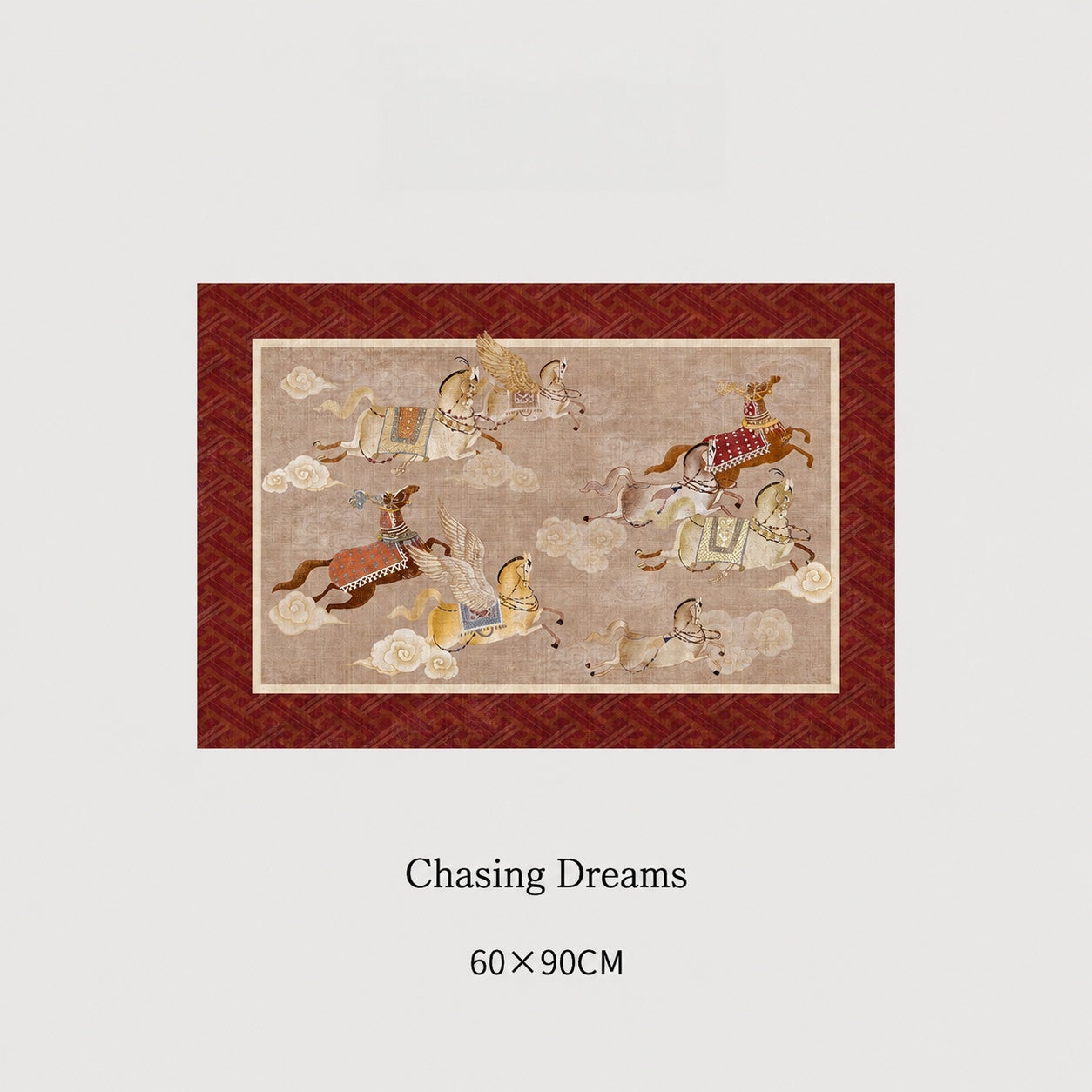 Close view of decorative rug showing oriental motif texture and soft interior styling detail featuring Vintage Chinese
