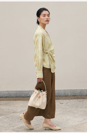Lucky Persimmon Brocade “Fu” Bucket Bag – Embroidered Tote Moonlight White