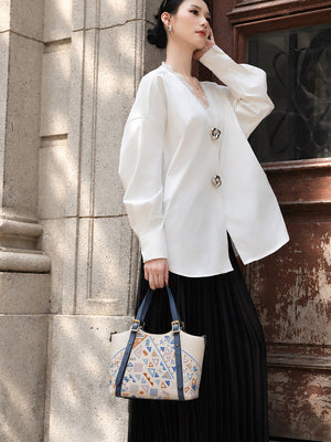 Luxury New Chinese Style Geometric Fortune Embroidered Cowhide Tote Bag