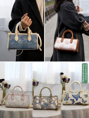 Women carrying completed horizontal mini totes by hand and crossbody