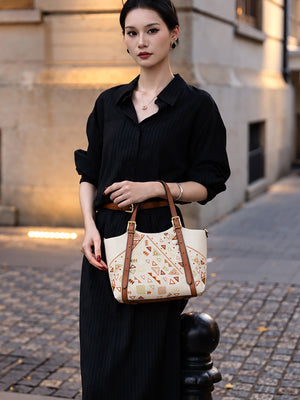 Luxury New Chinese Style Geometric Fortune Embroidered Cowhide Tote Bag