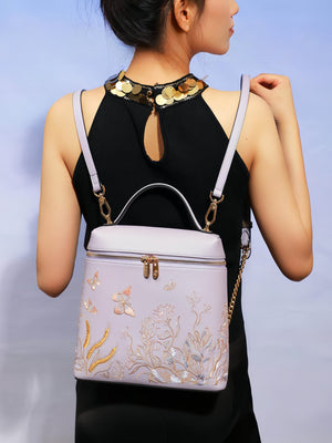 Butterfly Embroidered Leather Backpack – New Chinese Style Convertible Shoulder Bag for Women-brocademodern