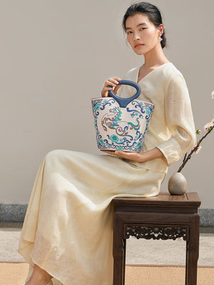 New Chinese Style Embroidered Leather Bucket Handbag - Heavenly Horse Fortune Tote Bag