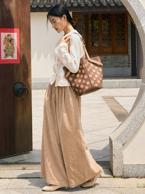 Baoxiang Blossom Embroidered Leather Bucket Bag | Chinese Style Large Tote | Brocade Modern