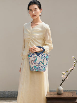 New Chinese Style Embroidered Leather Bucket Handbag - Heavenly Horse Fortune Tote Bag