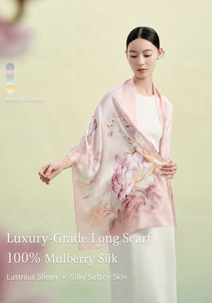 Twelve Floral Deities mulberry silk long scarf worn as shoulder wrap, pastel floral print-brocademdoern