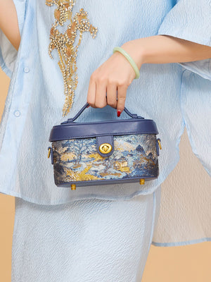 Luxury New Chinese Style Tang Brocade Box Bag - Splendid Mountains & Rivers Blue|BrocadeModern