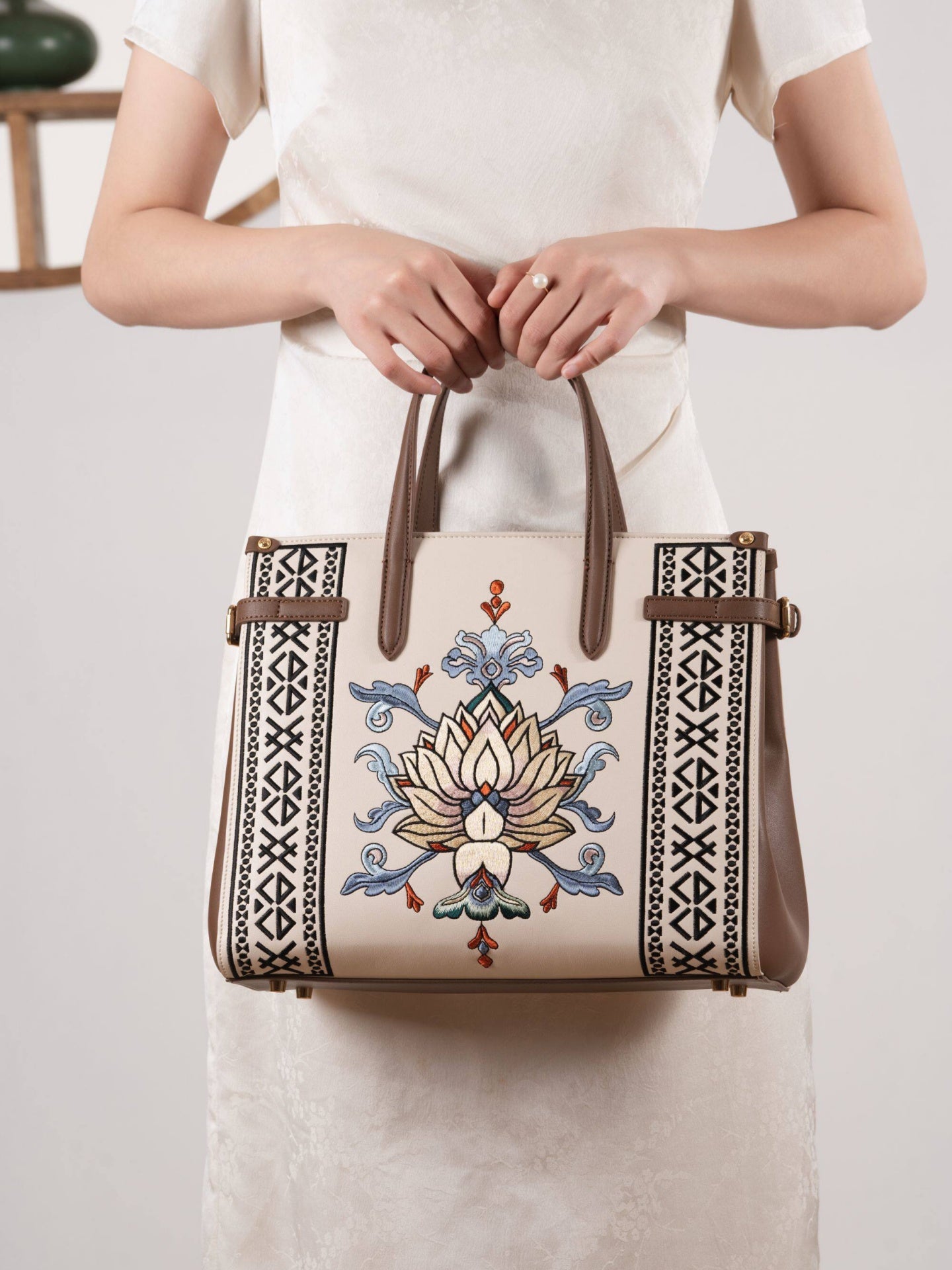 Embroidered Tote Bag | Lotus Vine Chinese Style Handbag | Brocade Modern