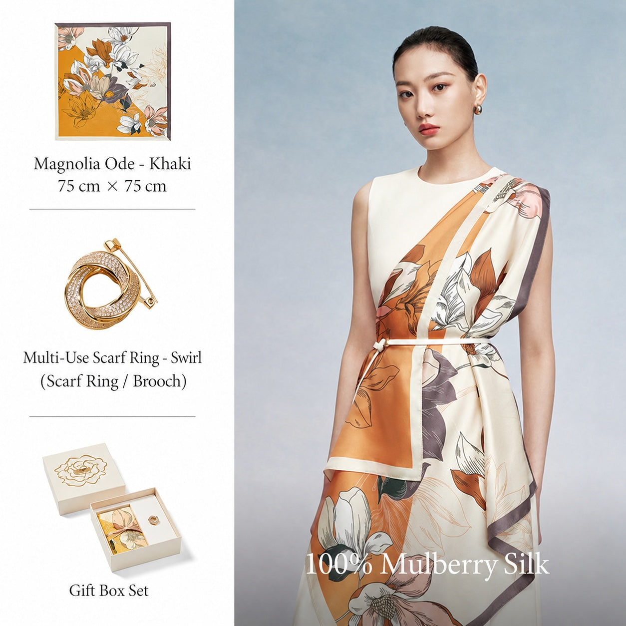Mulberry silk scarf gift set with premium box presentation for meaningful luxury gifting for 100 Mulberry Silk Square styling
