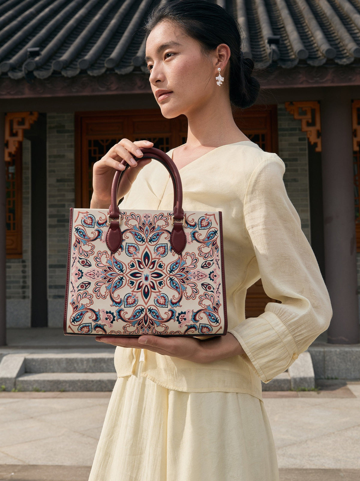 Baoxiang Flower Embroidered Leather Tote Bag | Chinese Style Handbag | Brocade Modern