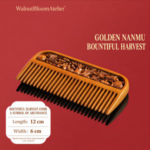Bountiful Harvest Golden Nanmu Wooden Comb – Heritage Hand-Carved Wide-Tooth Comb