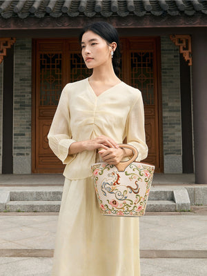 New Chinese Style Embroidered Leather Bucket Handbag - Heavenly Horse Fortune Tote Bag
