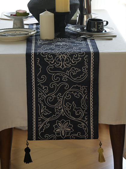 Accent rug styled in new Chinese home decor setting for bedroom or living room design featuring Arabesque Heritage Table