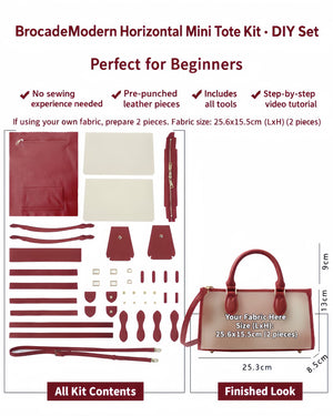 Red custom-fabric horizontal tote kit requiring two decorative textile panels
