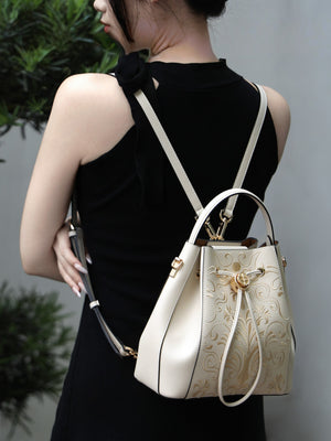 Liuli Phoenix Crown Embroidered Convertible Backpack | Chinese Style Bucket Bag | Brocade Modern