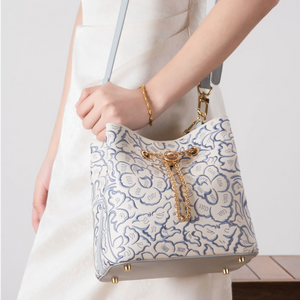 Heritage Embroidered New Chinese Style Bucket Bag – Blue & White Peony