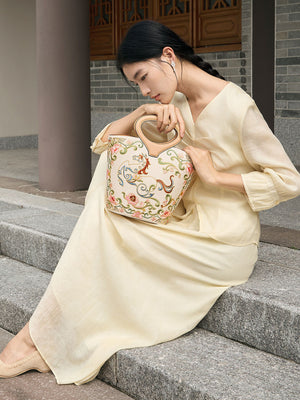New Chinese Style Embroidered Leather Bucket Handbag - Heavenly Horse Fortune Tote Bag