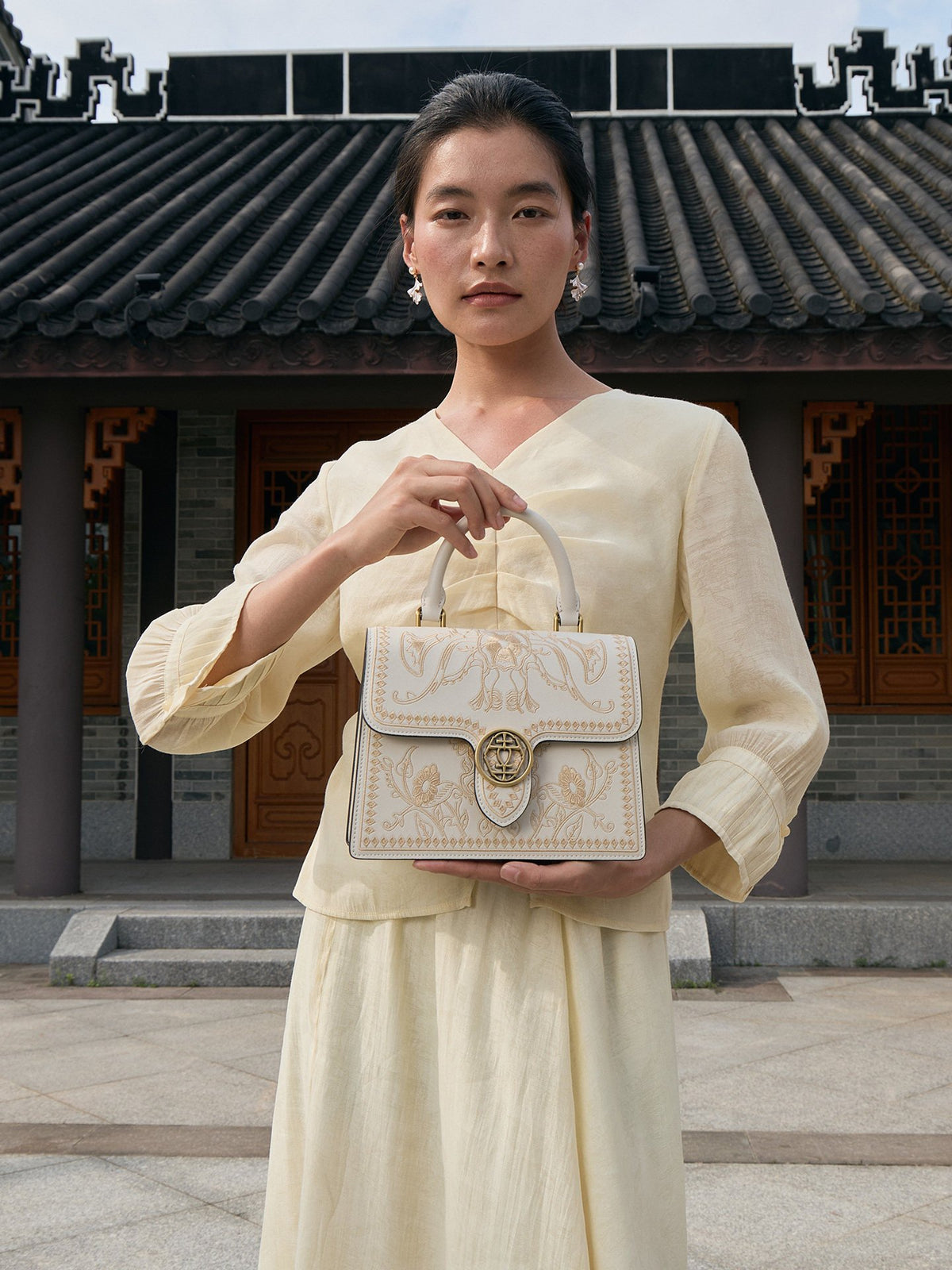 Graceful Lady Embroidered Leather Accordion Bag | Morning Glory Chinese Handbag | Brocade Modern