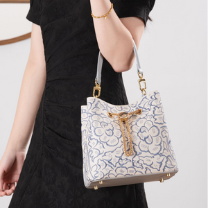 Heritage Embroidered New Chinese Style Bucket Bag – Blue & White Peony